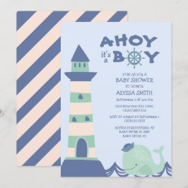 ブルーグリーン鯨の灯台 Ahoy 男の子ベビーシャワー 招待状