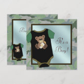 ブルーグリーン カモフラージュ ベビーボーイ シャワー 招待状 (正面/裏面)