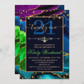 ブルーグリーン&パープル&金ゴールドグリッターアゲート誕生日 招待状 (正面/裏面)