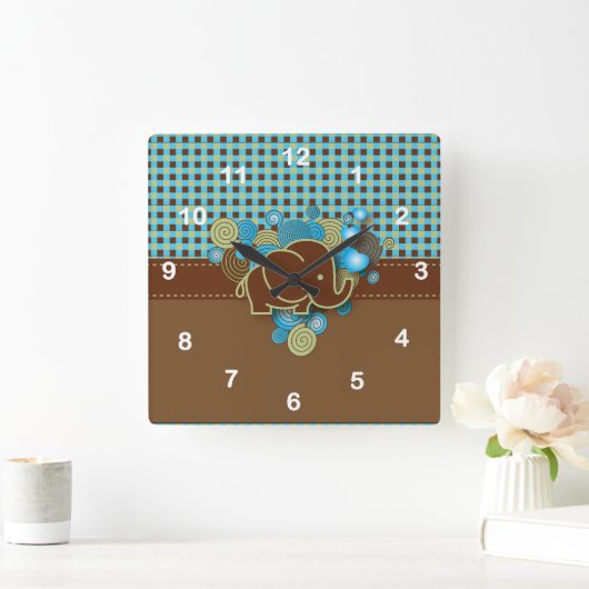 ブルーグリーン&ブラウンプライドベビーゾウ スクエア壁時計 (ホーム)