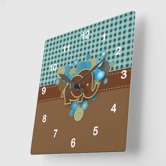 ブルーグリーン&ブラウンプライドベビーゾウ スクエア壁時計 (傾斜)