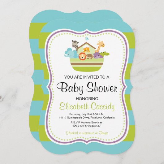 ブルーグリーン、ブラケットノアのアークベビーシャワー招待状。 招待状 (正面/裏面)