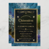 ブルーグリーン&金ゴールドグリッターアゲートキンセアニェラ 招待状 (正面/裏面)