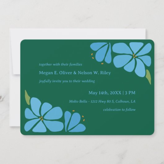 ブルーグルービーフラワーパターン結婚式招待状 招待状 (正面)