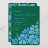 ブルーグルービーフラワーパターン結婚式招待状 招待状 (正面/裏面)