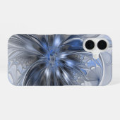 ブルーグレイの水彩抽象フラワーフラクタルアート iPhone 16ケース (裏面横)