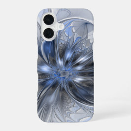 ブルーグレイの水彩抽象フラワーフラクタルアート iPhone 16ケース