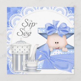 ブルーグレイの赤ちゃん男の子のSip+And+See招待状 招待状