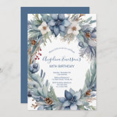 ブルーグレイエレガントウィンター誕生日 招待状 (正面/裏面)