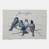 ブルーグレイエレガントバーズウォーター名前をカスタムする キッチンタオル (横)