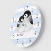 ブルーグレイストライプペンギン子供部屋壁時計 ラージ壁時計 (傾斜)