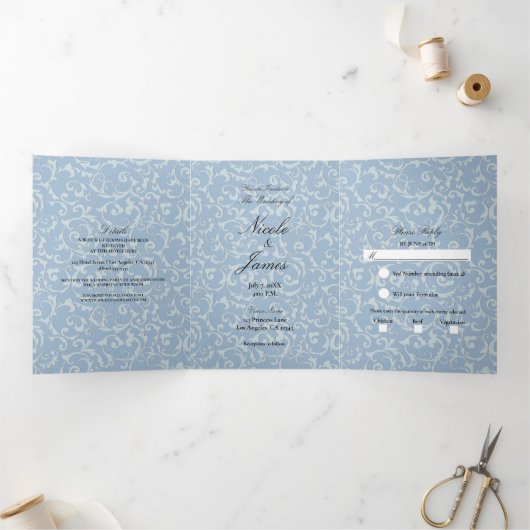 ブルーグレイプリンセススワールエレガントフェアリーテイルウェディング 三つ折り招待状 (内部)