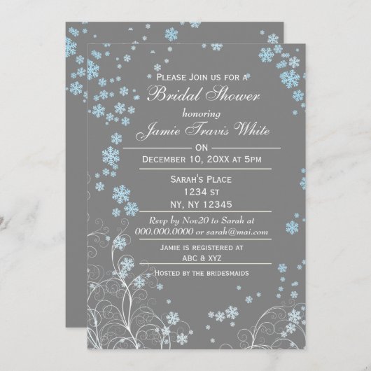 ブルーグレイモダンウィンターブライダルシャワー招待状 招待状 (正面/裏面)