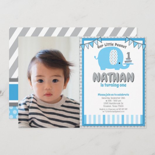 ブルーグレイモダンエレファントファースト誕生日写真 招待状 (正面/裏面)