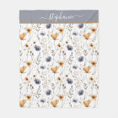 ブルーグレイモノグラムのベージュホワイトボホフローラ フリースブランケット (正面)