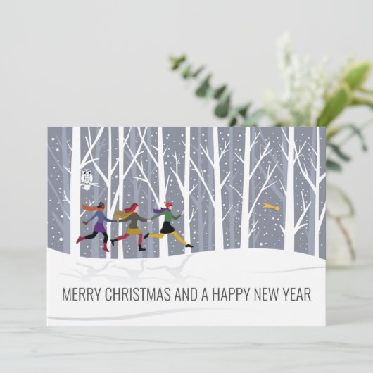 ブルーグレイ森の冬の降雪クリスマスホー シーズンカード (スタンド正面)