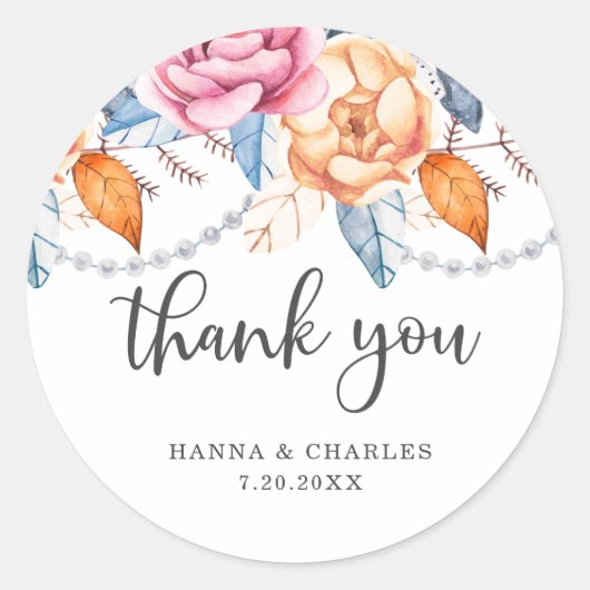 ブルーグレイ焦げオレンジフローラありがとう ラウンドシール (正面)