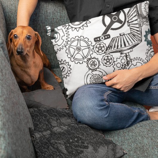 ブルーグレイ白ギアステームパンクボーイズデコールフリース アクセントクッション