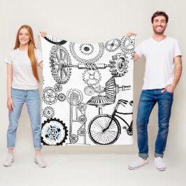 ブルーグレイ白ギアステームパンクボーイズデコールフリース フリースブランケット