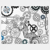 ブルーグレイ白ギアステームパンクボーイズデコールフリース フリースブランケット (正面(横))