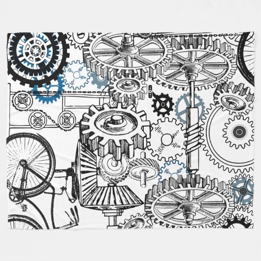 ブルーグレイ白ギアステームパンクボーイズデコールフリース フリースブランケット (正面(横))