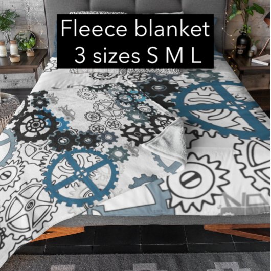 ブルーグレイ白ギアステームパンクボーイズデコールフリース フリースブランケット