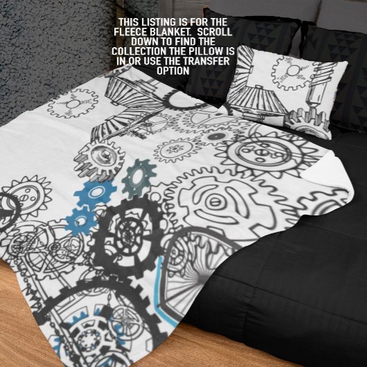 ブルーグレイ白ギアステームパンクボーイズデコールフリース フリースブランケット
