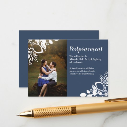 ブルーグレイ結婚の延期カード アドバイスカード (正面/裏面インサイチュ)