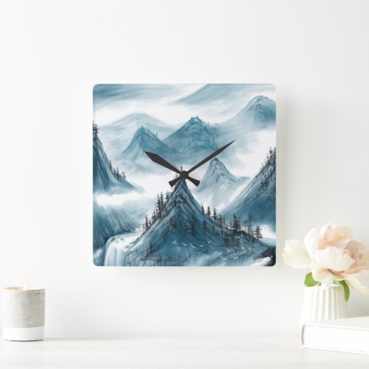 ブルーグレイ芸術的マウンテン絵画ズシノワセリ スクエア壁時計 (ホーム)