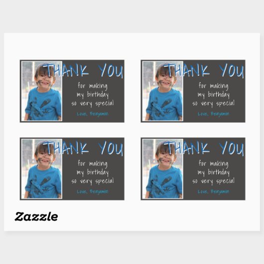 ブルーグレイ誕生日ボーイフォトサンキュービター 長方形シール (シート)