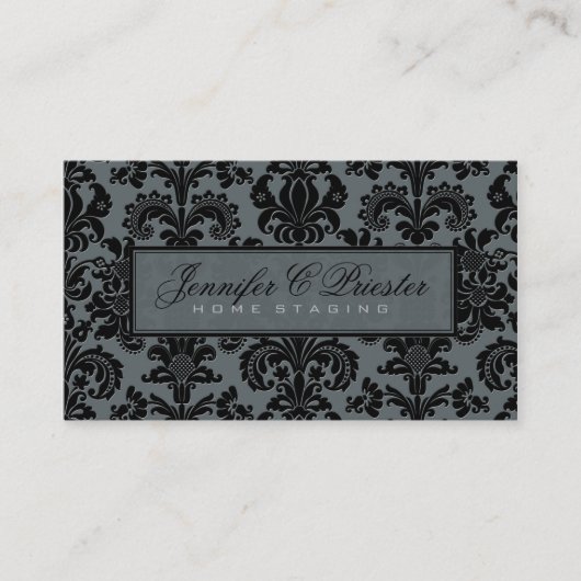 ブルーグレーとブラックのヴィンテージエレガントフローラダマスク 名刺 (正面)