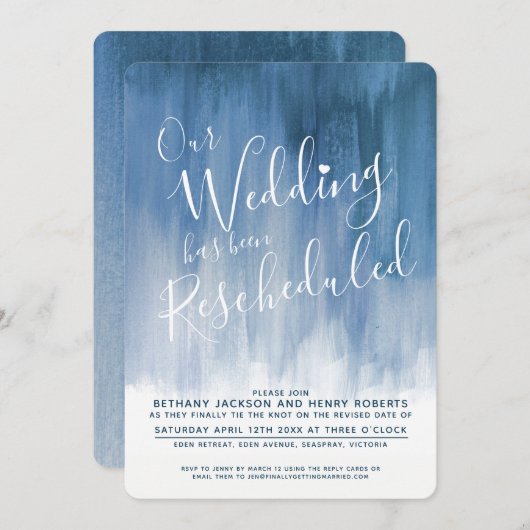 ブルーグレーのアートの再結婚計画日 招待状 (正面/裏面)