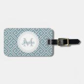 ブルーグレーのギリシャ人の鍵のモチーフの荷物のラベル ラゲッジタグ (正面横)