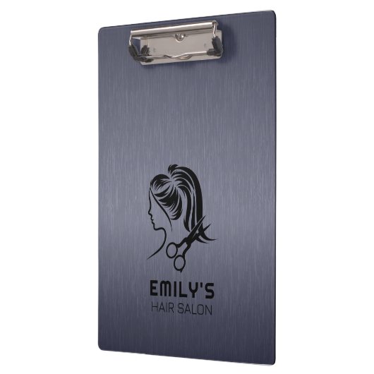 ブルーグレーのメタリックテクスチャヘアのサロンロゴ クリップボード (左)