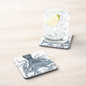ブルーグレーのヴィンテージのタコのイラストレーション コースター (右側)
