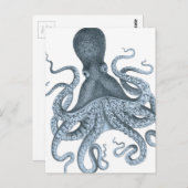 ブルーグレーのヴィンテージのタコのイラストレーション ポストカード (正面/裏面)