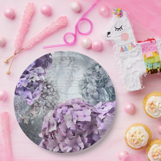 ブルーグレーのヴィンテージの花のアジサイの花模様 ペーパープレート (パーティー)