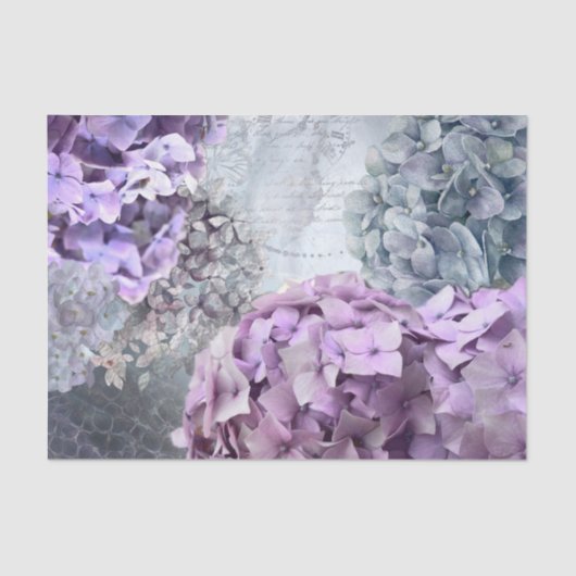 ブルーグレーのヴィンテージの花のアジサイの花模様 薄葉紙 (正面)