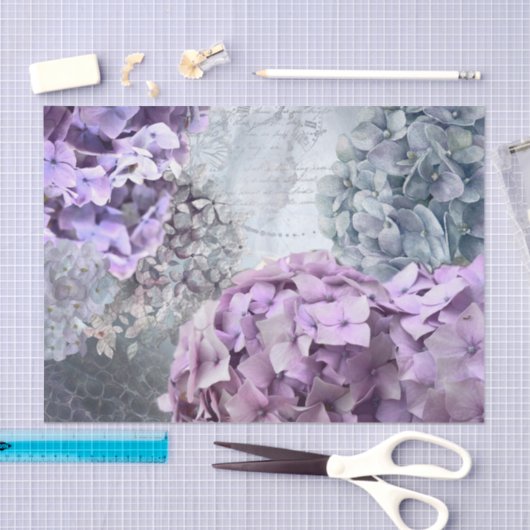 ブルーグレーのヴィンテージの花のアジサイの花模様 薄葉紙 (クラフト)