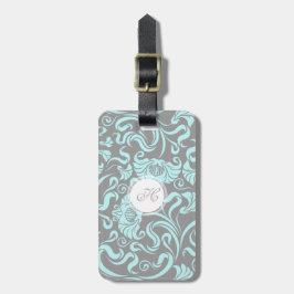 ブルーグレーのヴィンテージ花パターンモノグラムLラベル ラゲッジタグ