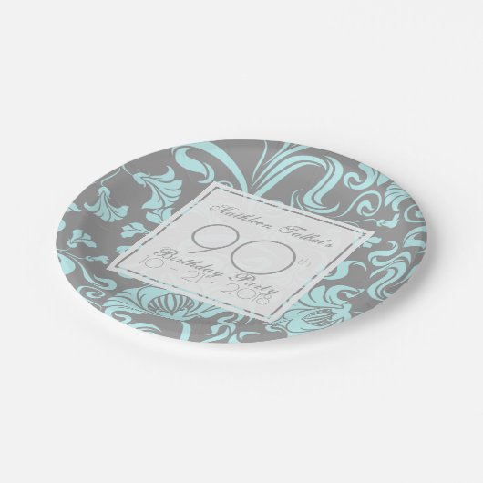 ブルーグレーの花柄の第90誕生会の紙皿 ペーパープレート (アングル)
