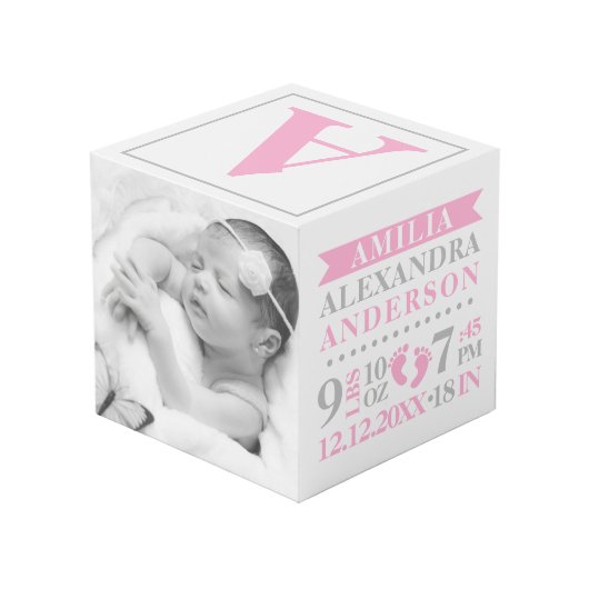 ブルーグレーの誕生Statsの女の赤ちゃんの記念品の写真 フォトキューブ (裏面アングル)