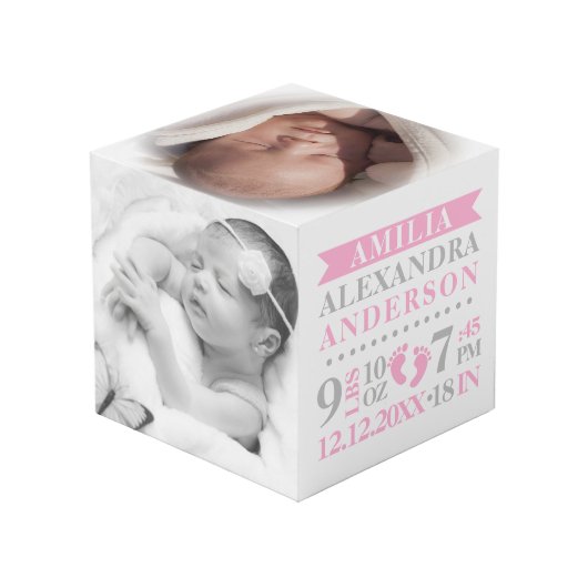 ブルーグレーの誕生Statsの女の赤ちゃんの記念品の写真 フォトキューブ (裏面アングル)