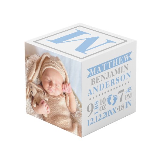 ブルーグレーの誕生Statsの男の赤ちゃんの記念品の写真 フォトキューブ (裏面アングル)