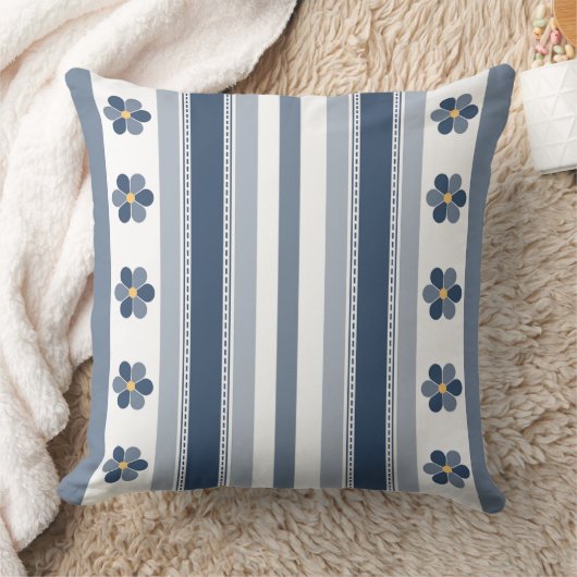 ブルーグレーはっきりしたストライプフローラ クッション (ブランケット)