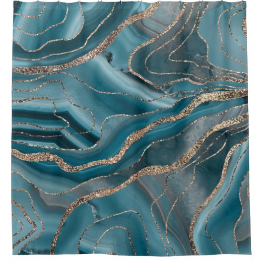 ブルーグレーアゲート金ゴールドグリッターグラム#1 シャワーカーテン (正面)