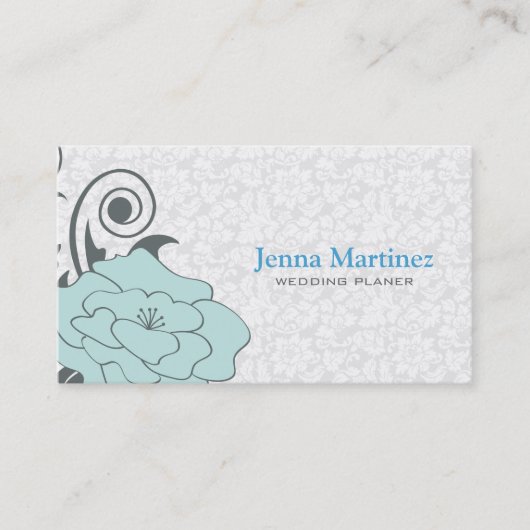 ブルーグレーアンドホワイトフローラデザイン 名刺 (正面)