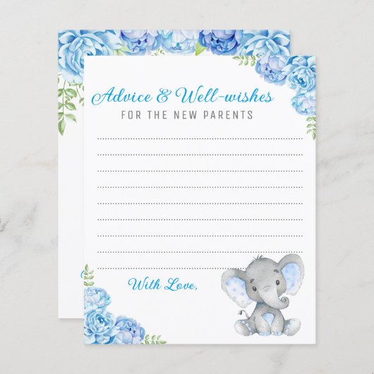 ブルーグレーエレファントシャワー新しい親のアドバイスカード (正面/裏面)