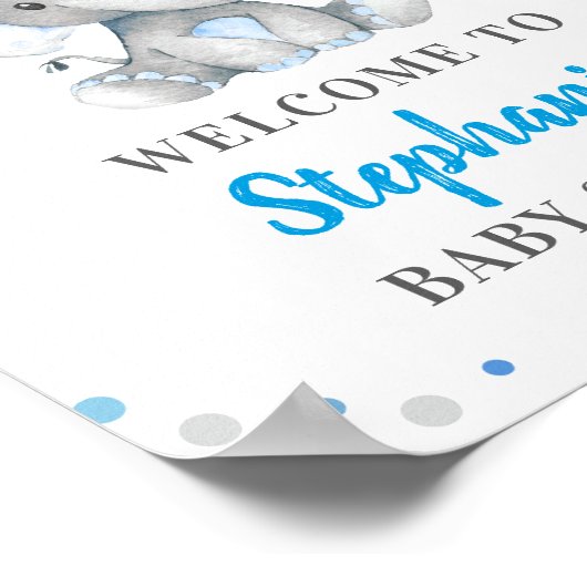 ブルーグレーエレファント水玉模様ベビーシャワーウェルカム ポスター (角)