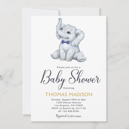 ブルーグレーエレファント男の赤ちゃんシャワー 招待状 (正面)